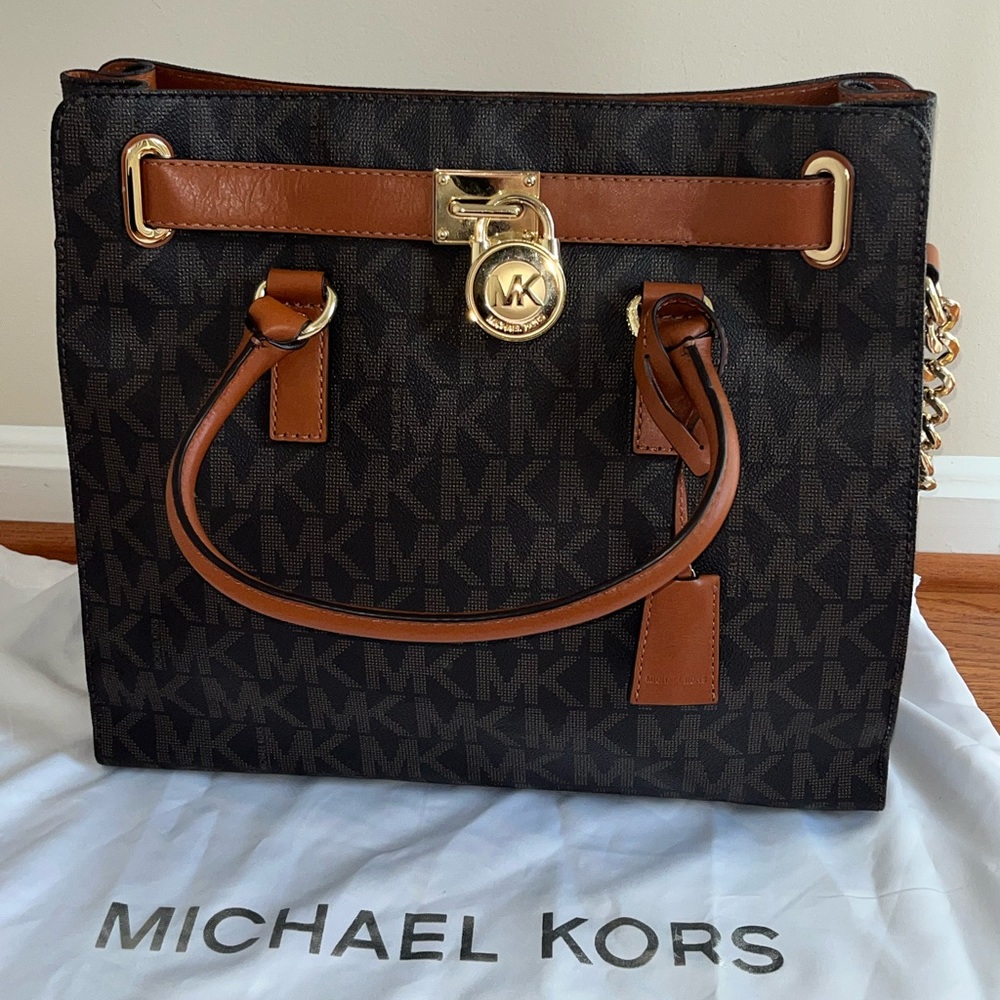 Michael Kors Brown Signature Logo MK Hamilton Lock Large Crossbody Tote Bag
